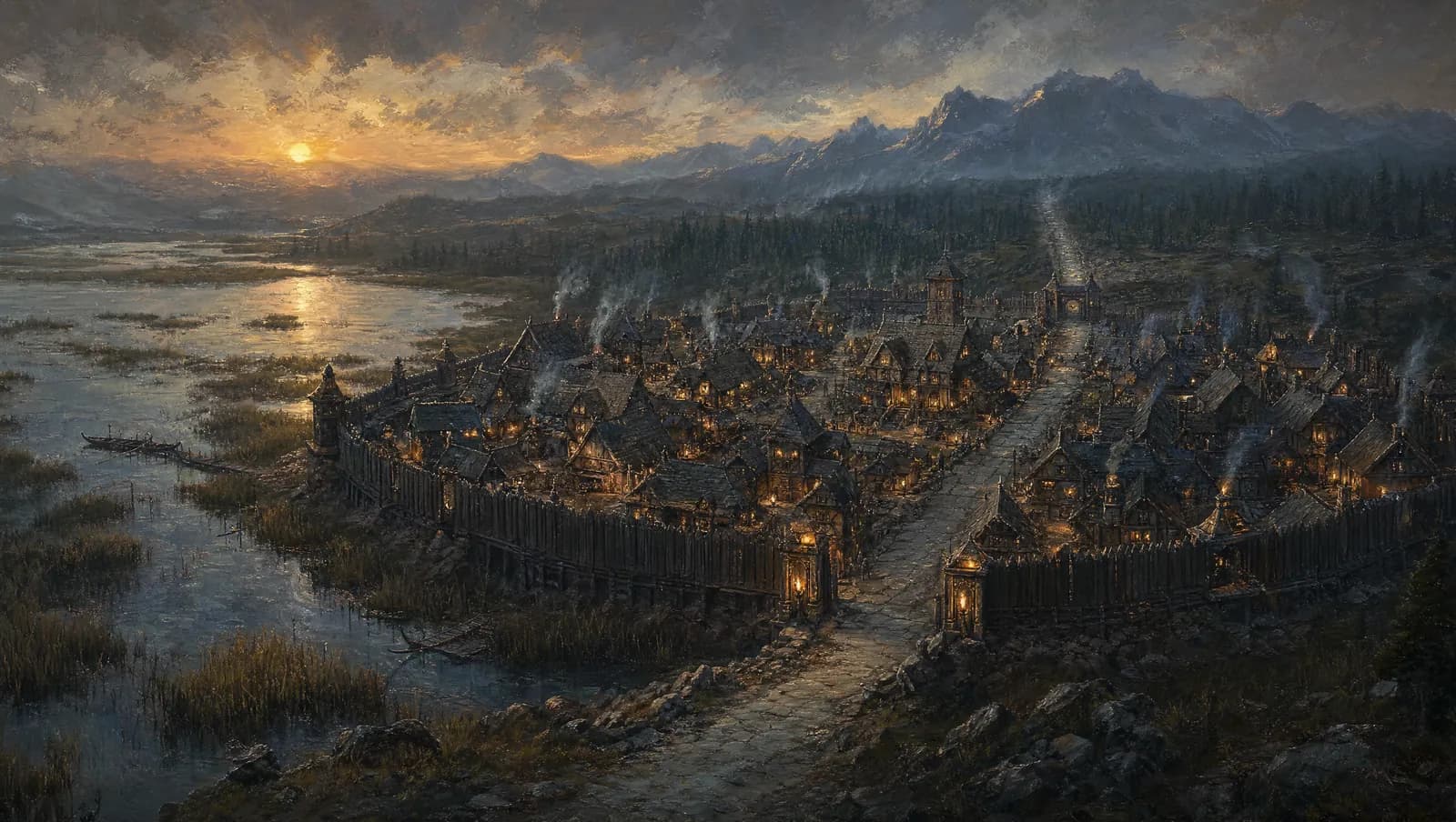 Bleakmere, a timber-walled frontier town beside a marsh at dusk, an old road running out to the forest