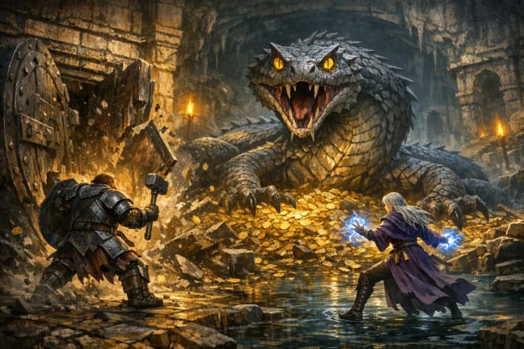 AI battle scene: the party faces a basilisk